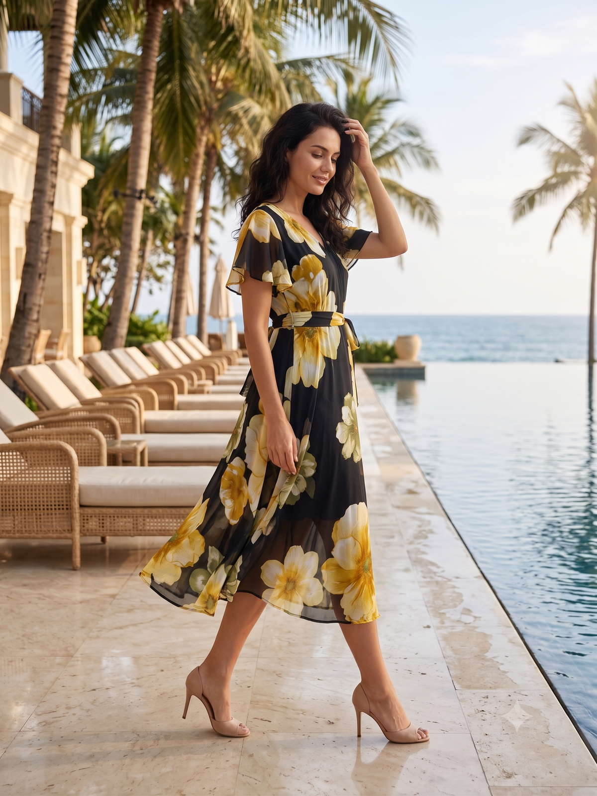 Black Floral Chiffon Dress with Golden Floral Print