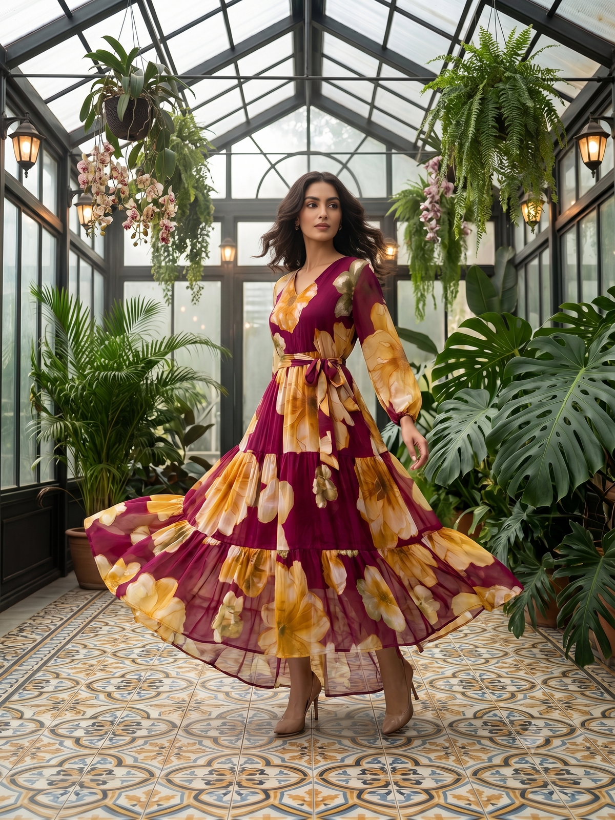 Burgundy Floral Tiered Maxi Dress with V-Neck & Full Sleeves
