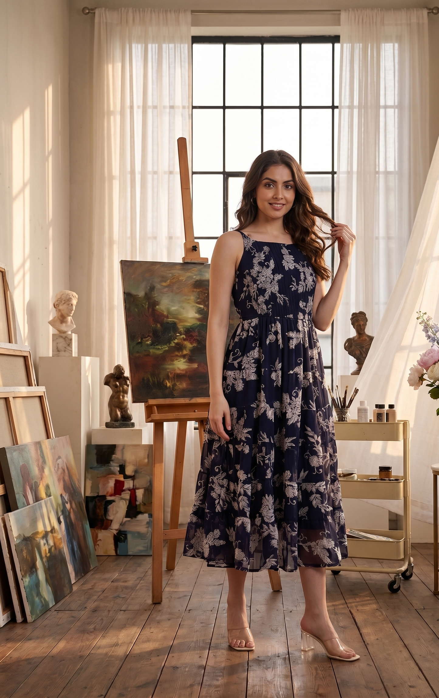 Souchii Women's Navy Blue Floral Printed Tiered Chiffon Midi Dress | Elegant Sleeveless Fit & Flare Party Dress