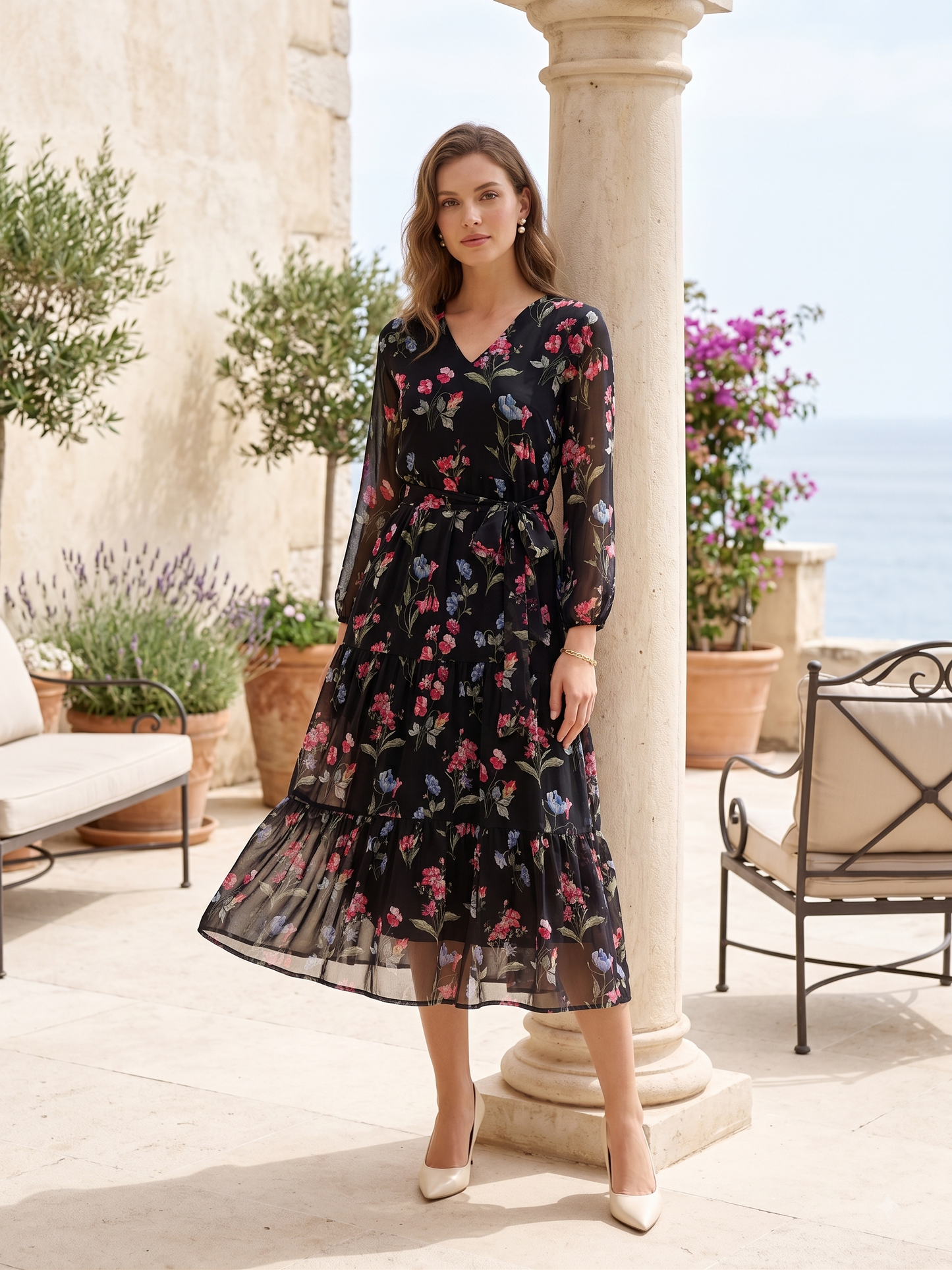Women Black Floral Printed Fit & Flare Midi Dress