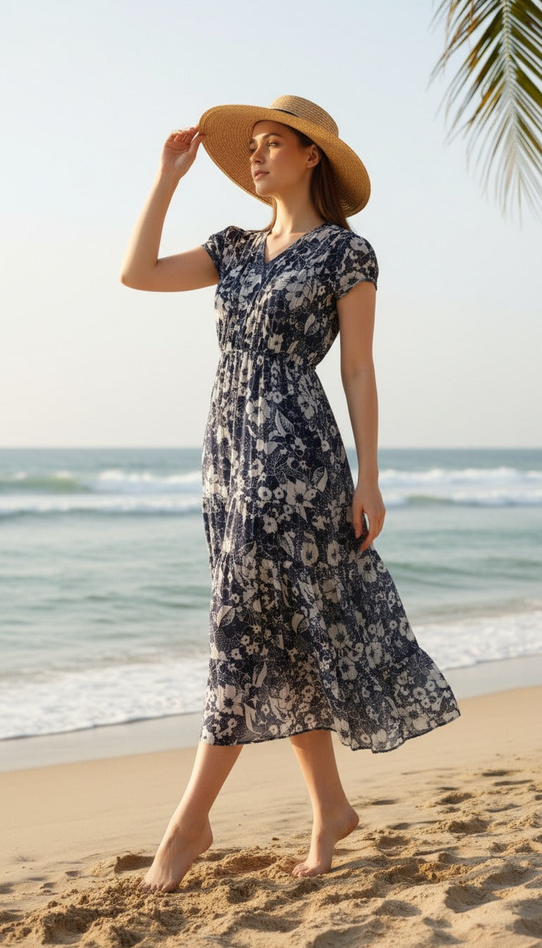 Souchii Navy & White Floral Print Fit & Flare Midi Dress