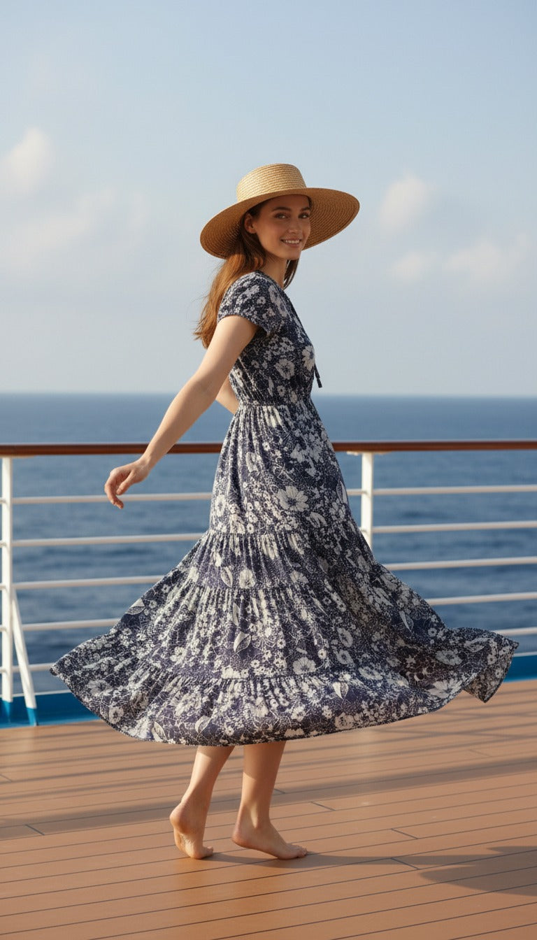 Souchii Navy & White Floral Print Fit & Flare Midi Dress