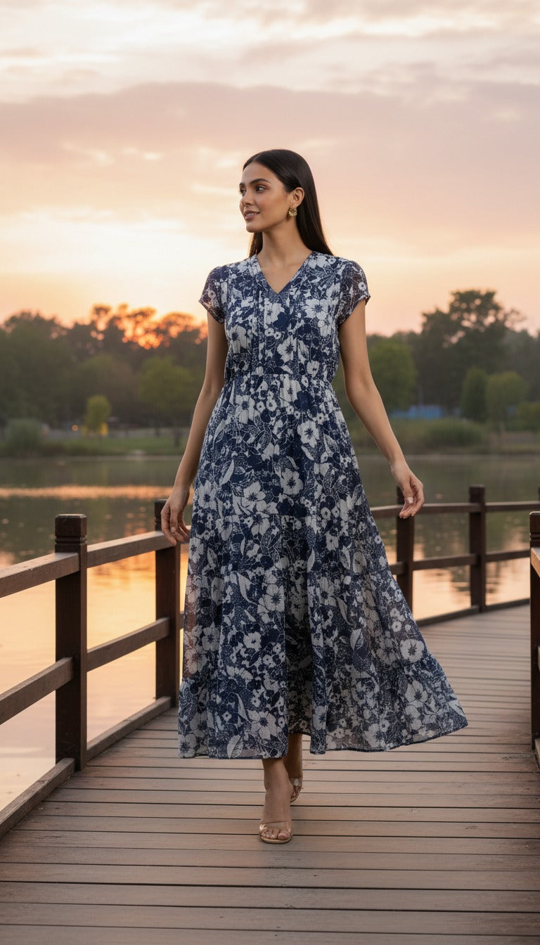 Souchii Navy & White Floral Print Fit & Flare Midi Dress