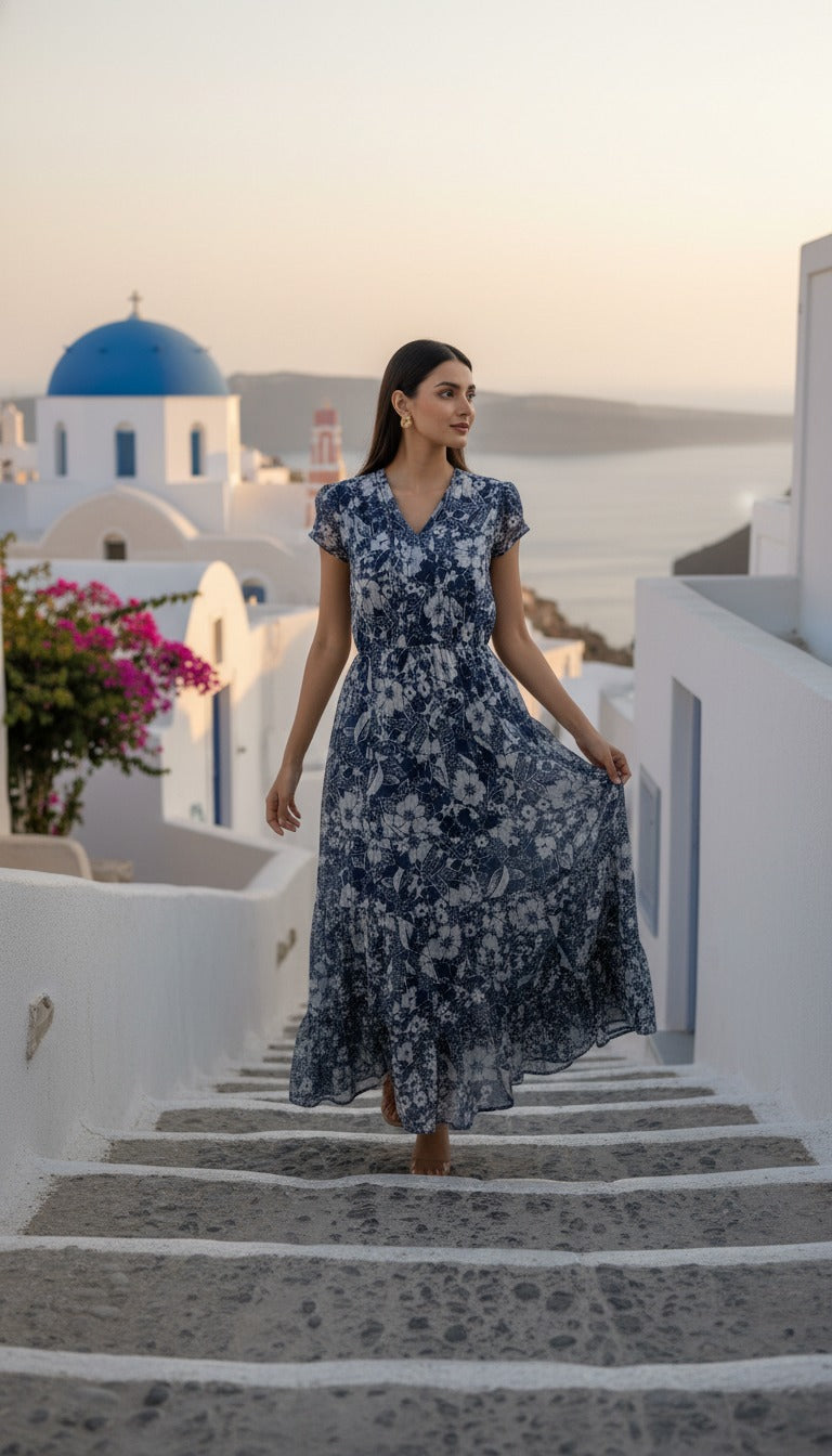 Souchii Navy & White Floral Print Fit & Flare Midi Dress