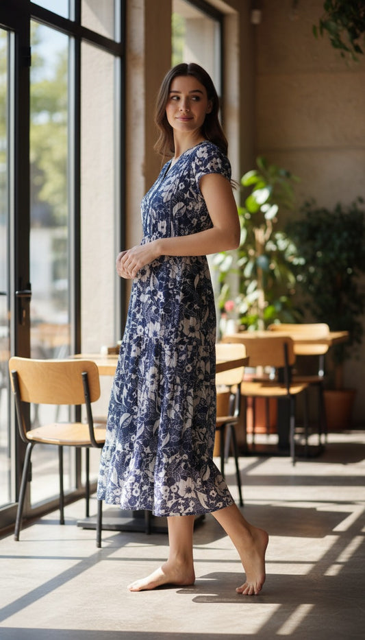 Souchii Navy & White Floral Print Fit & Flare Midi Dress