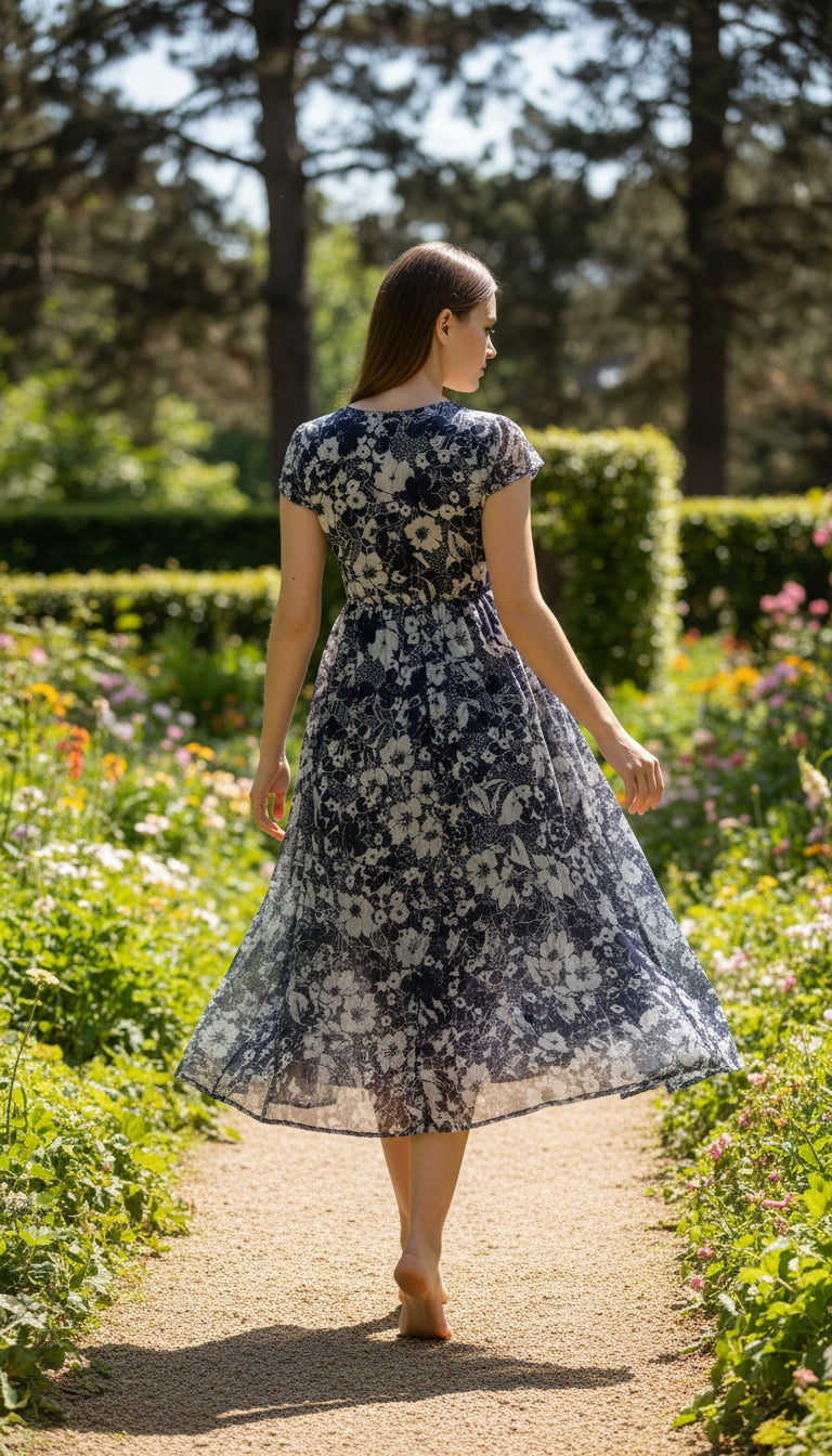 Souchii Navy & White Floral Print Fit & Flare Midi Dress