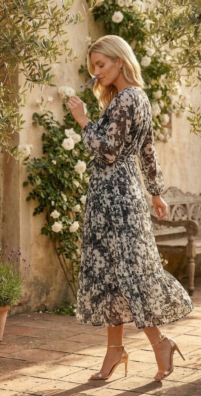Black & White Floral Printed Chiffon Flared Midi Dress | Souchii