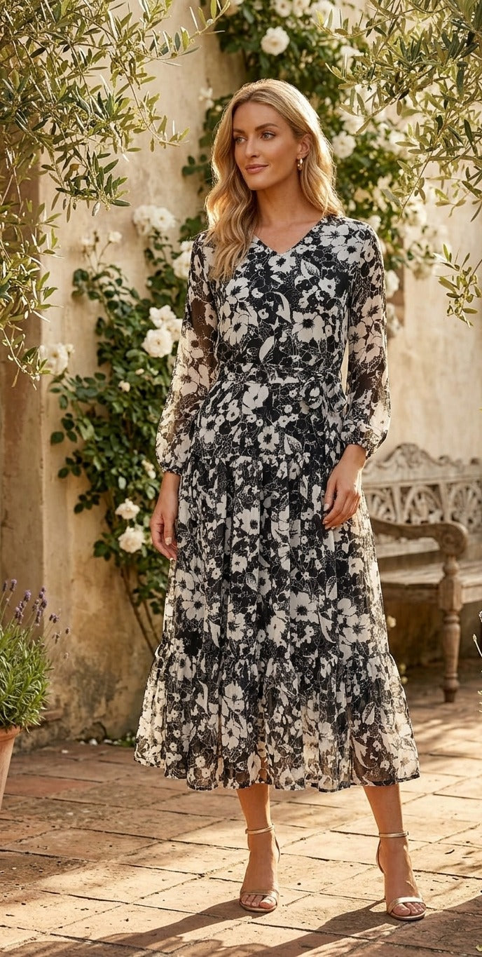 Black & White Floral Printed Chiffon Flared Midi Dress | Souchii