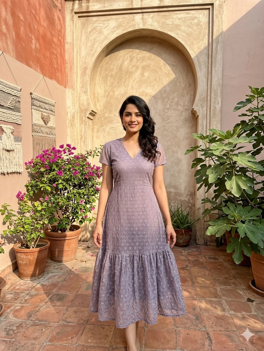 Souchii Grey Chiffon Sequin Dress – Glamour with a Graceful Flare