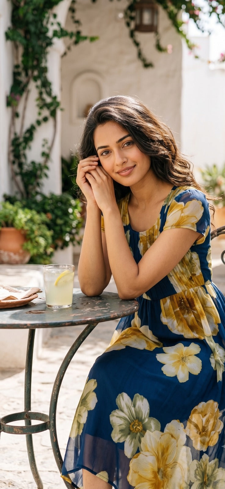 Souchii Turquoise Blue & Yellow Floral Midi  Dress for Women | Elegant Floral Summer Dress