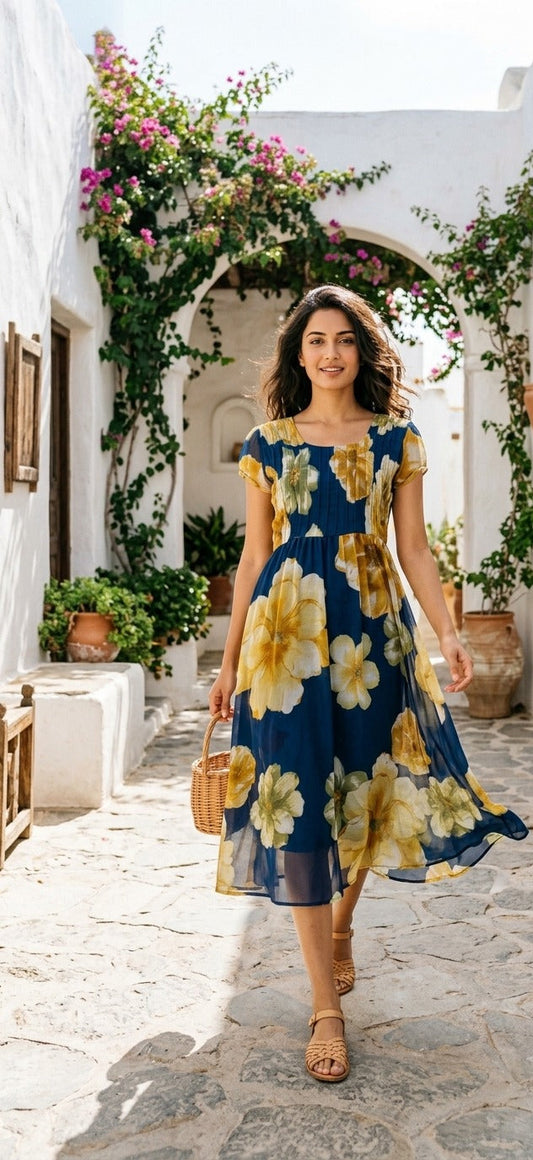 Souchii Turquoise Blue & Yellow Floral Midi  Dress for Women | Elegant Floral Summer Dress