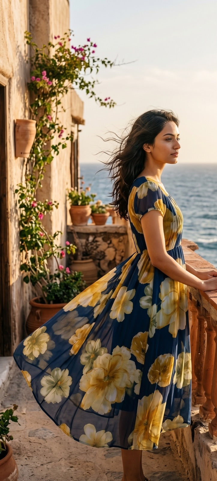 Souchii Turquoise Blue & Yellow Floral Midi  Dress for Women | Elegant Floral Summer Dress