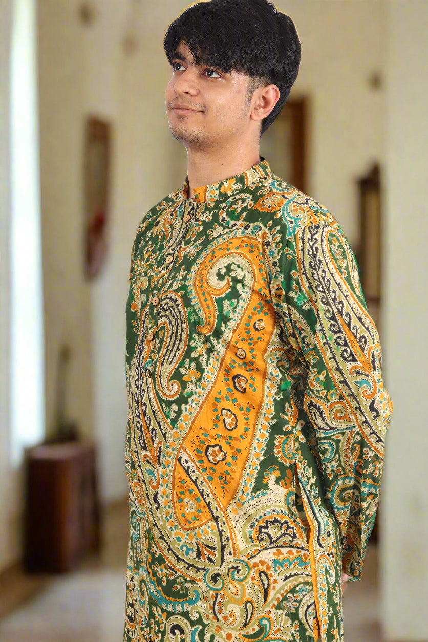 Men Paisley Printed Mandarin Collar Long Sleeves Cotton Straight Kurta|Souchii