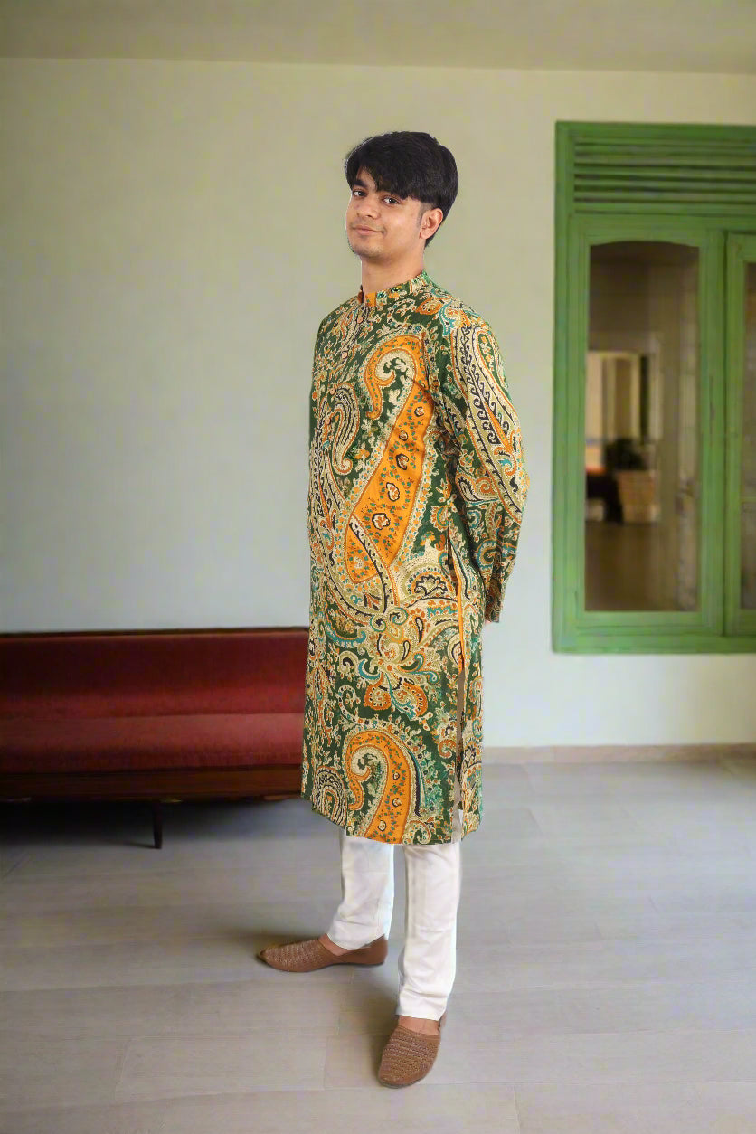 Men Paisley Printed Mandarin Collar Long Sleeves Cotton Straight Kurta|Souchii