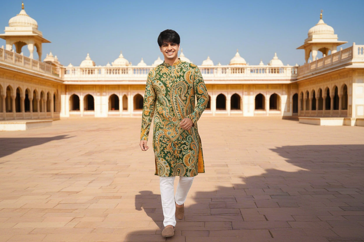 Men Paisley Printed Mandarin Collar Long Sleeves Cotton Straight Kurta|Souchii