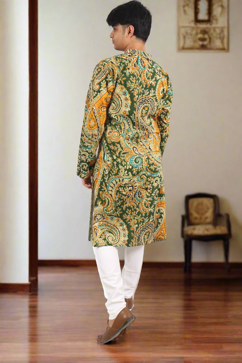 Men Paisley Printed Mandarin Collar Long Sleeves Cotton Straight Kurta|Souchii