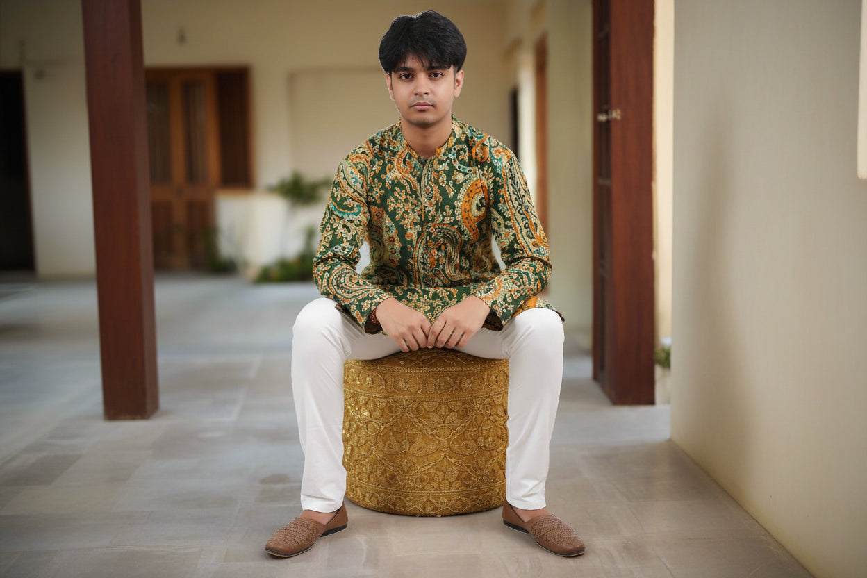 Men Paisley Printed Mandarin Collar Long Sleeves Cotton Straight Kurta|Souchii