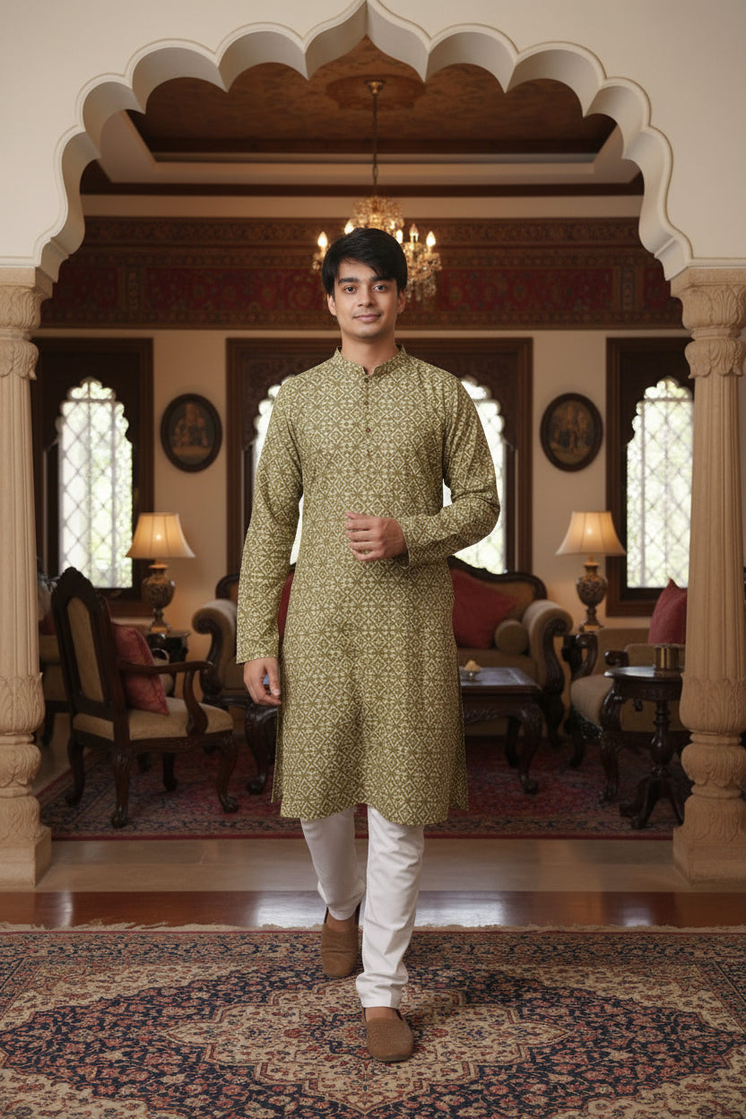 Men Ethnic Motifs Printed Mandarin Collar Indie Prints Straight Kurta | Souchii