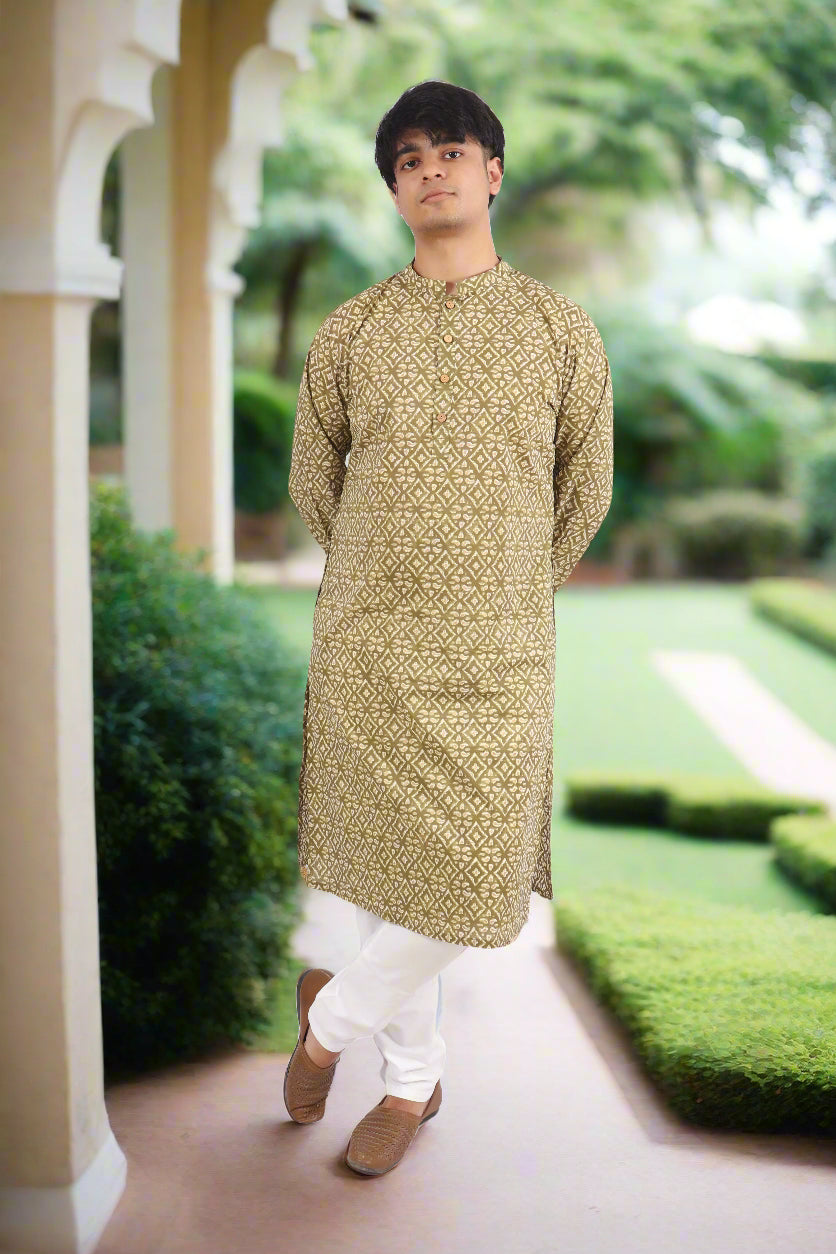 Men Ethnic Motifs Printed Mandarin Collar Indie Prints Straight Kurta | Souchii