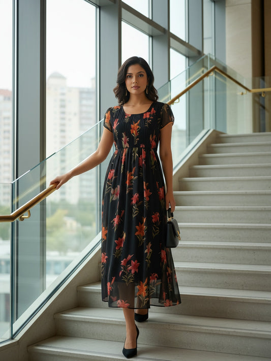 Souchii Black Floral Chiffon Dress