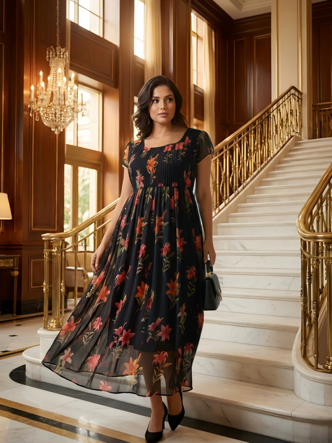 Souchii Black Floral Chiffon Dress