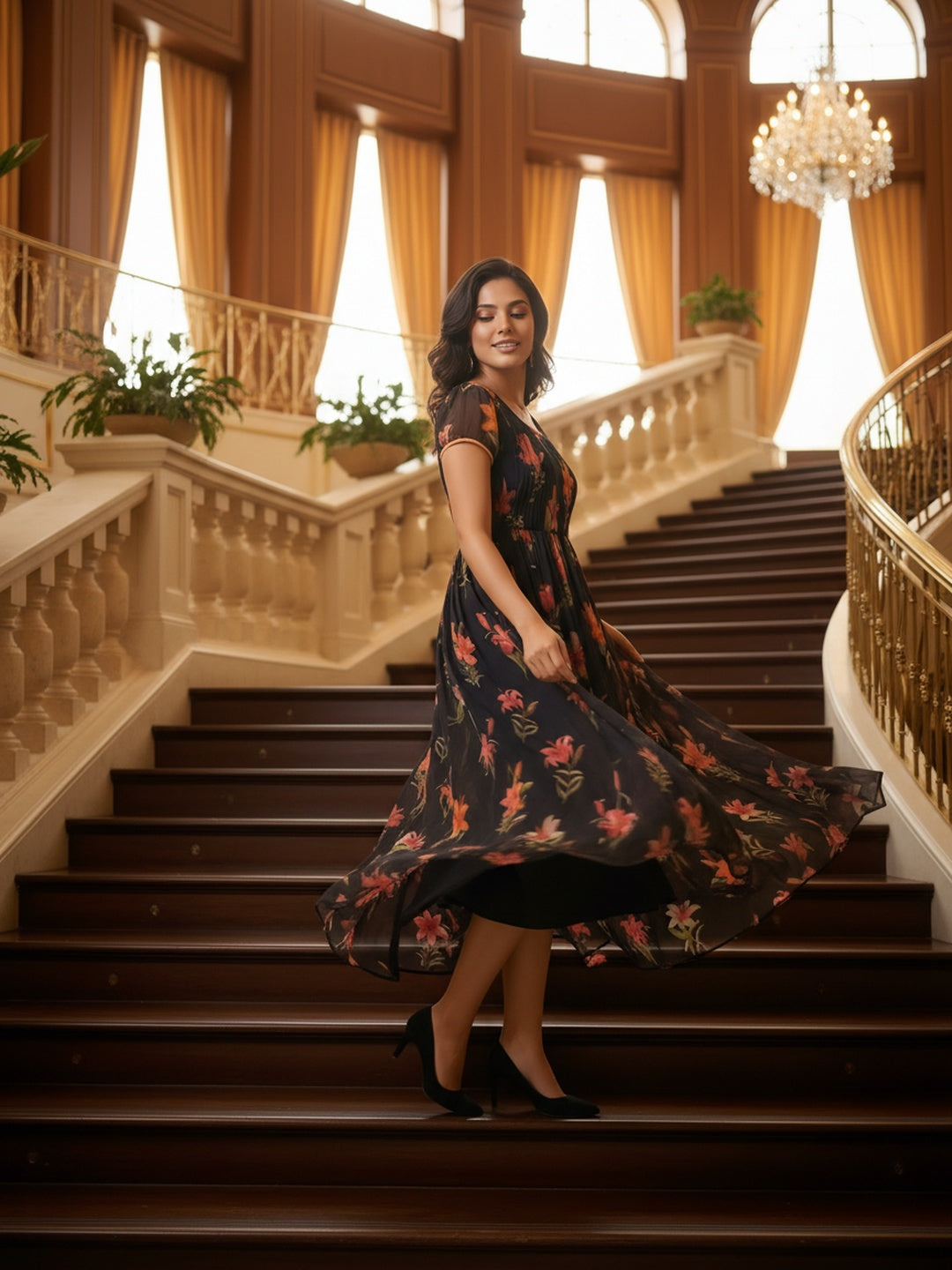 Souchii Black Floral Chiffon Dress