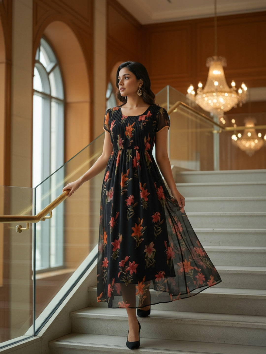 Souchii Black Floral Chiffon Dress