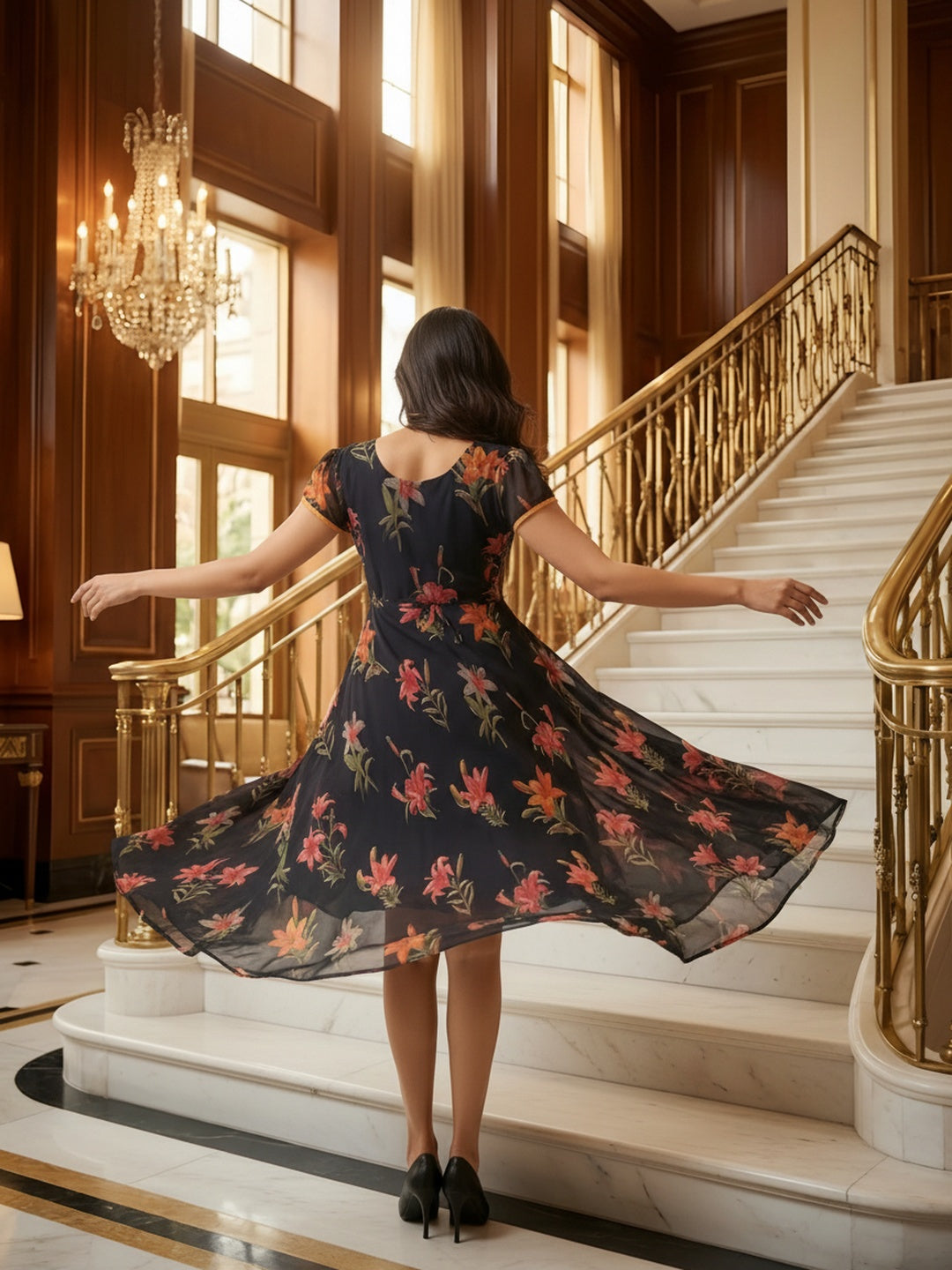 Souchii Black Floral Chiffon Dress