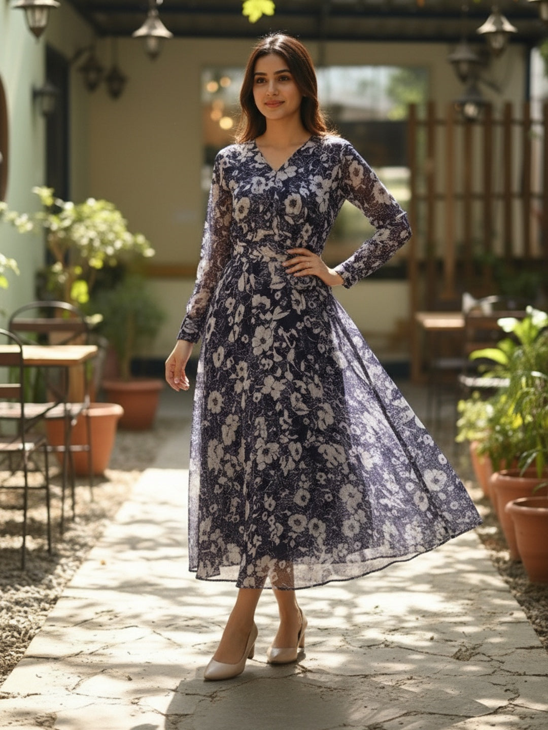 Souchii Midnight Bloom Flared Midi Dress