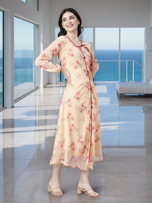 Midi Dress – Peach Floral Printed A-Line | Souchii