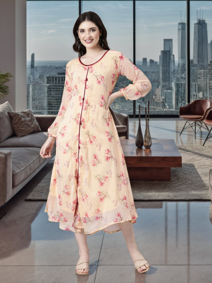 Midi Dress – Peach Floral Printed A-Line | Souchii