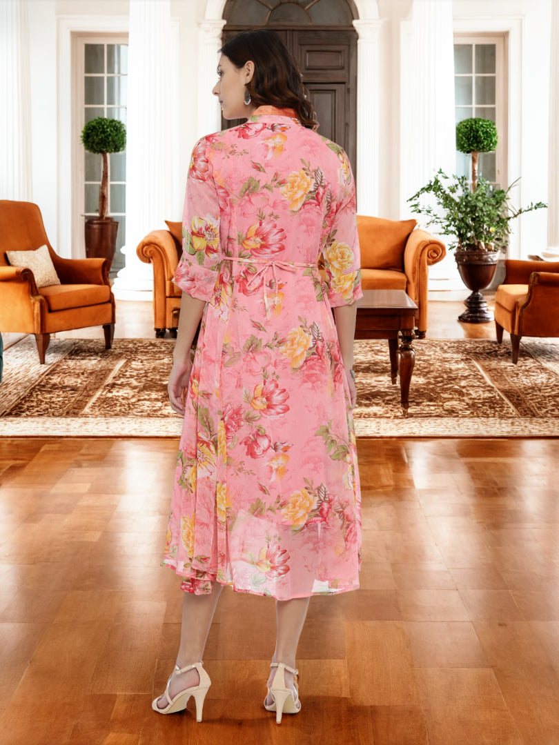 Midi Dress – Pink Printed Woven A-Line | Souchii