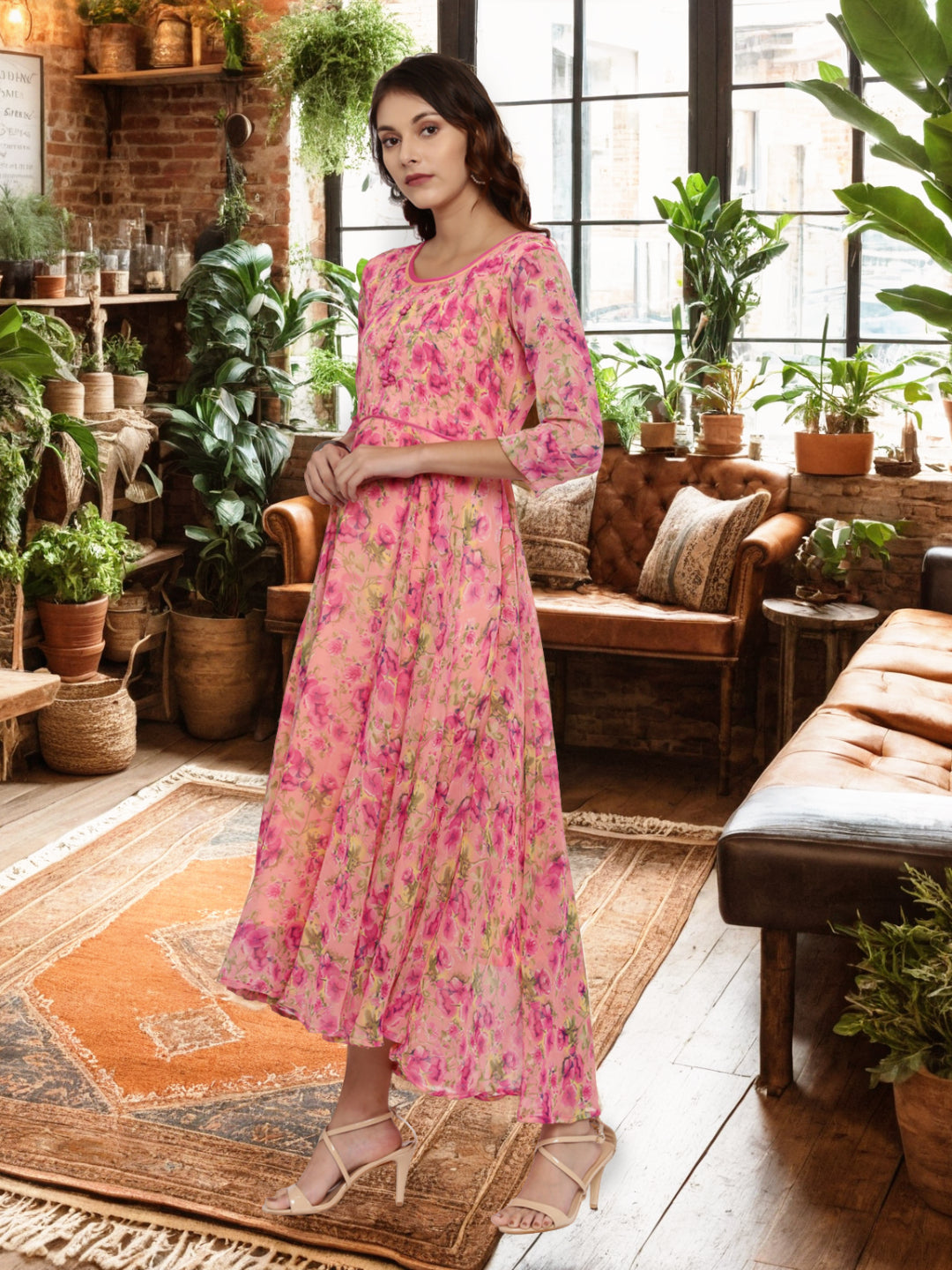 Fit & Flare Dress – Pink & Yellow Floral  with High-Low Hem | Souchii