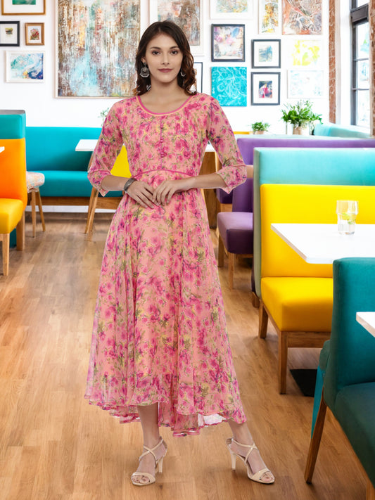 Fit & Flare Dress – Pink & Yellow Floral  with High-Low Hem | Souchii