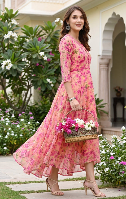 Souchii Pink Floral Printed Flared Maxi Dress for Women