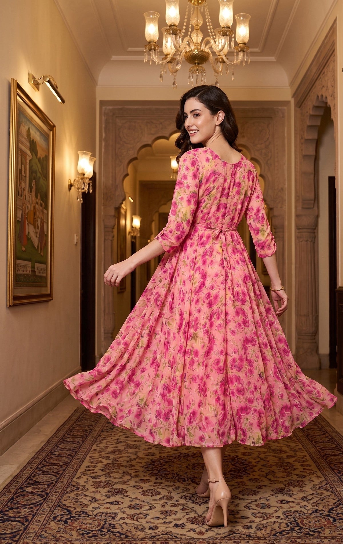 Souchii Pink Floral Printed Flared Maxi Dress for Women
