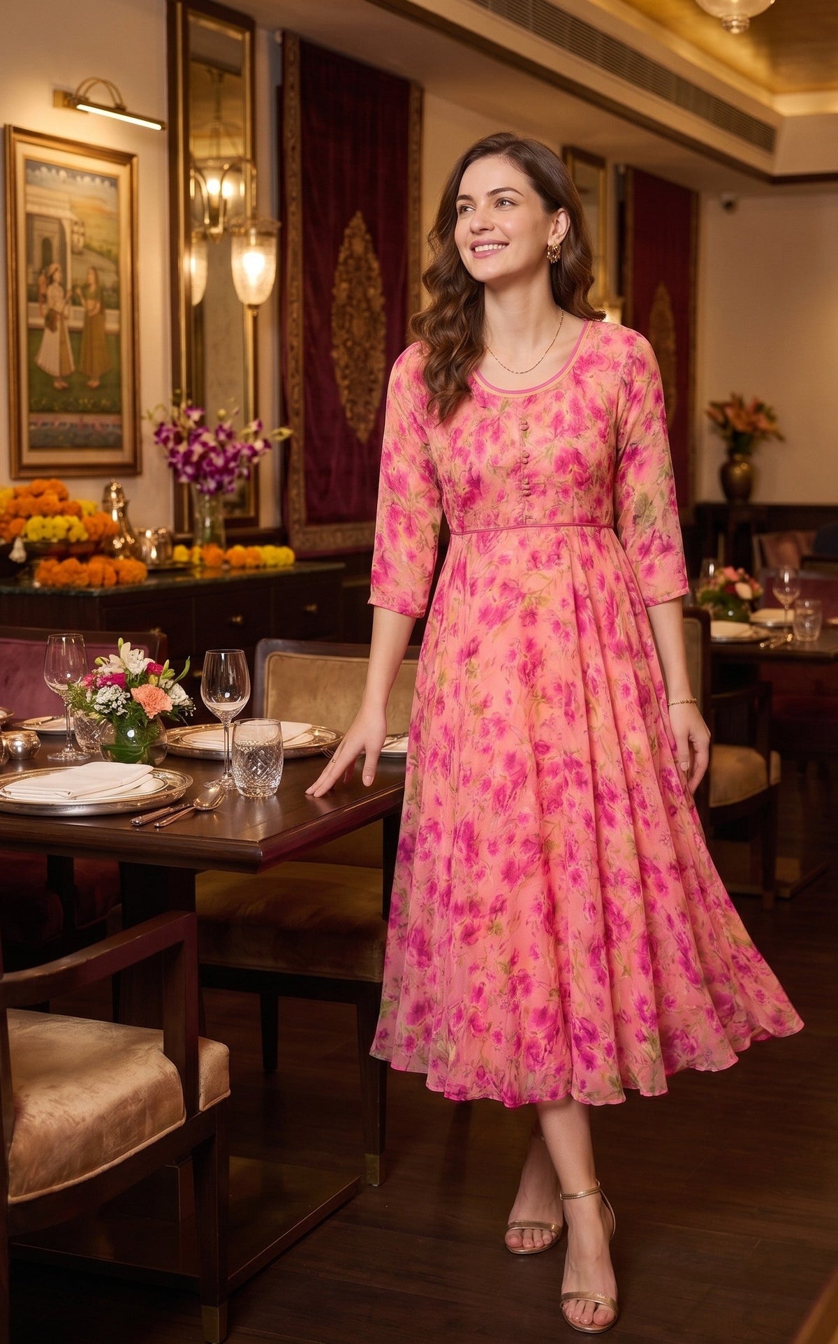 Souchii Pink Floral Printed Flared Maxi Dress for Women