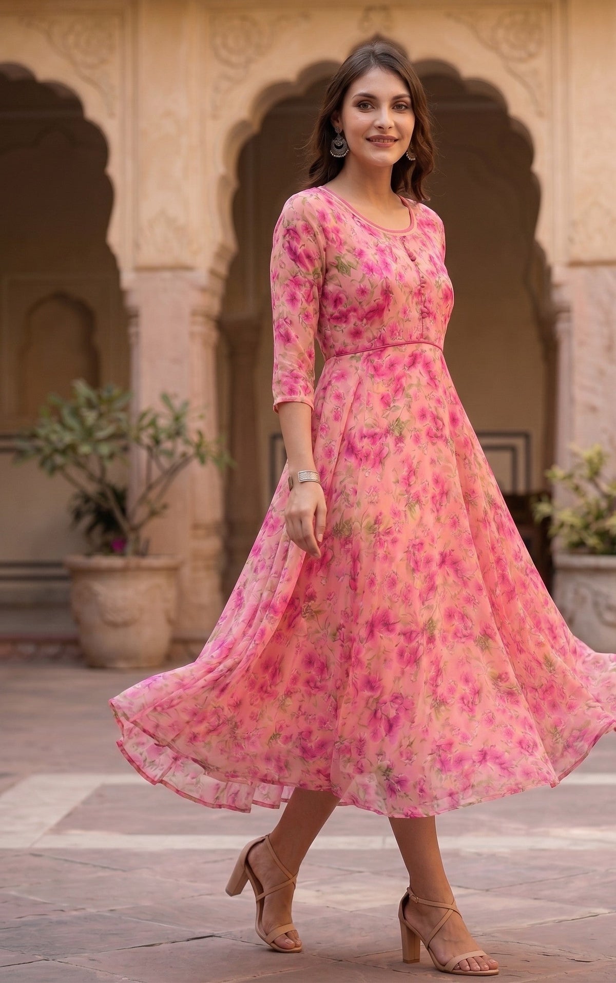 Souchii Pink Floral Printed Flared Maxi Dress for Women