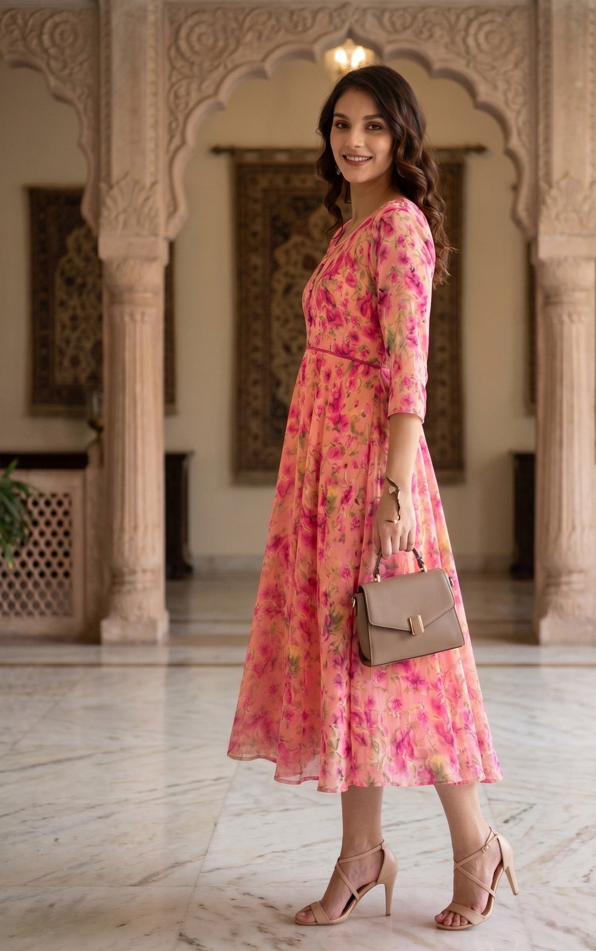 Souchii Pink Floral Printed Flared Maxi Dress for Women