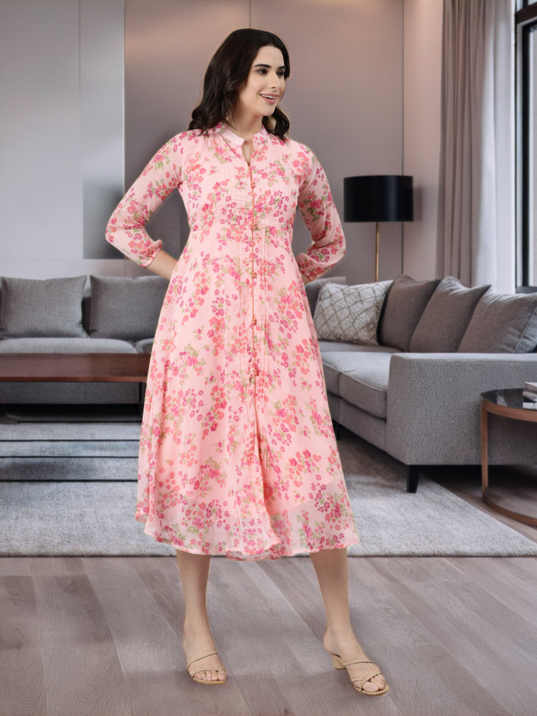 Dress – Light Pink Floral Printed A-line Princess Line | Souchii