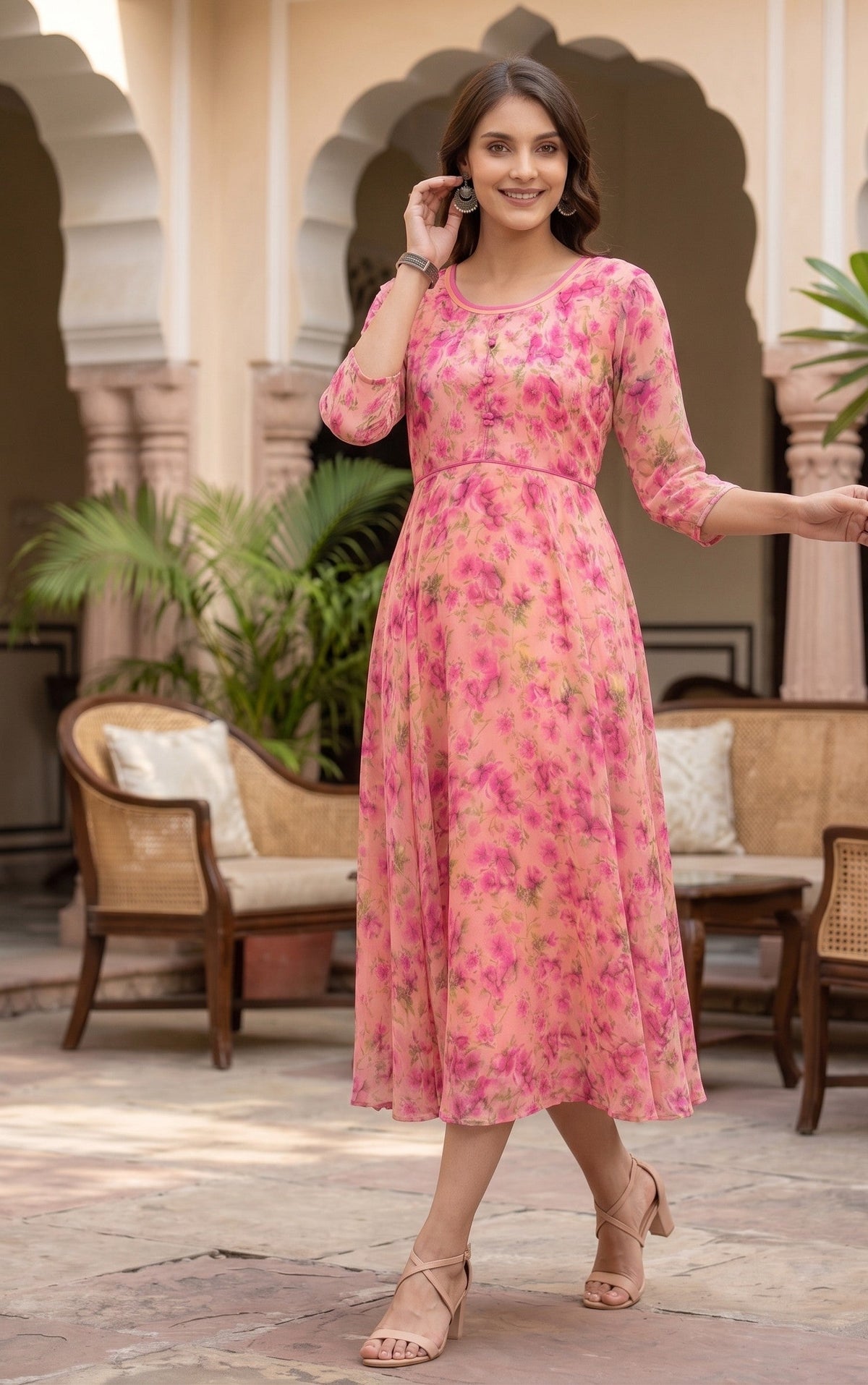 Souchii Pink Floral Printed Flared Maxi Dress for Women