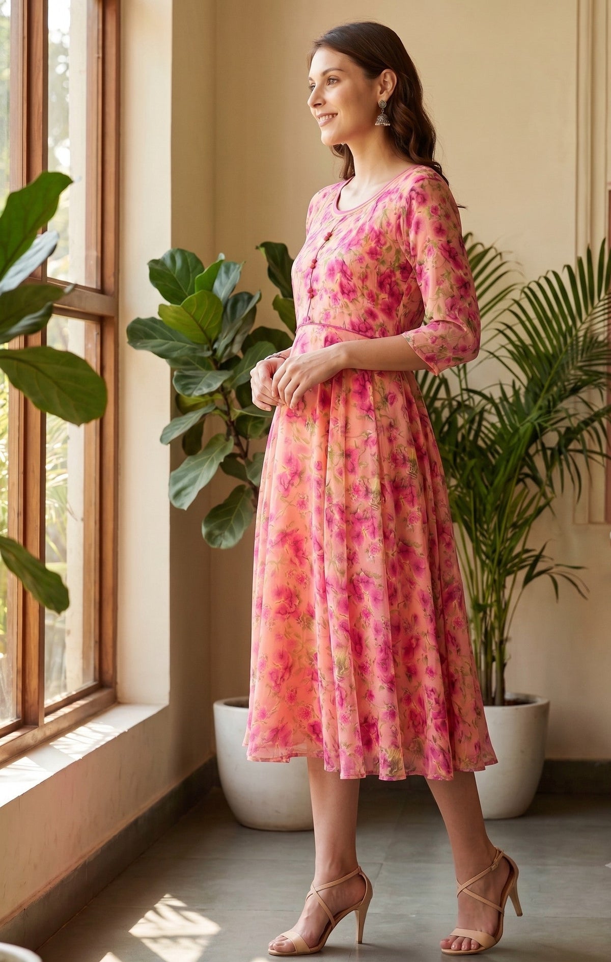 Souchii Pink Floral Printed Flared Maxi Dress for Women