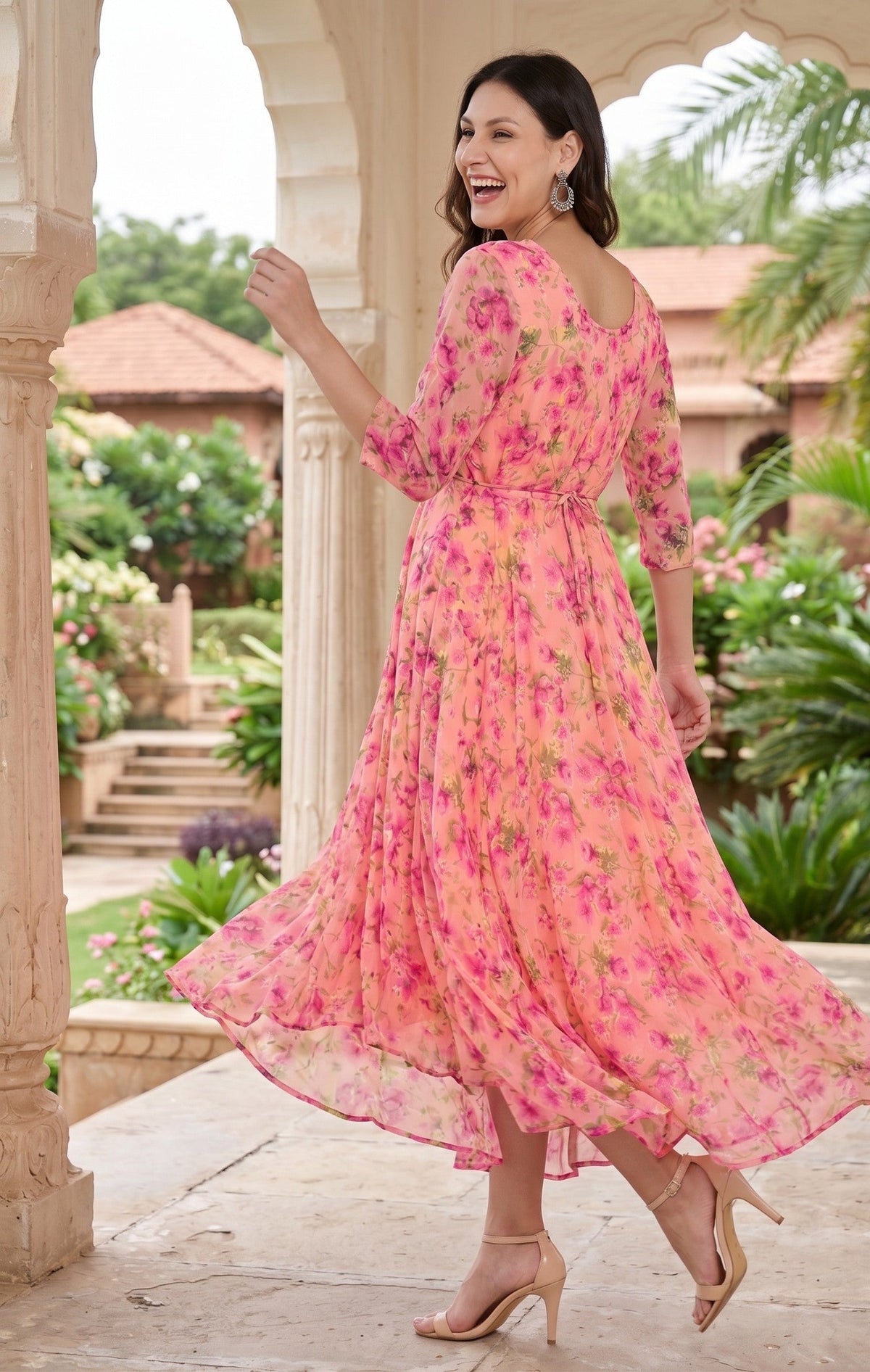 Souchii Pink Floral Printed Flared Maxi Dress for Women