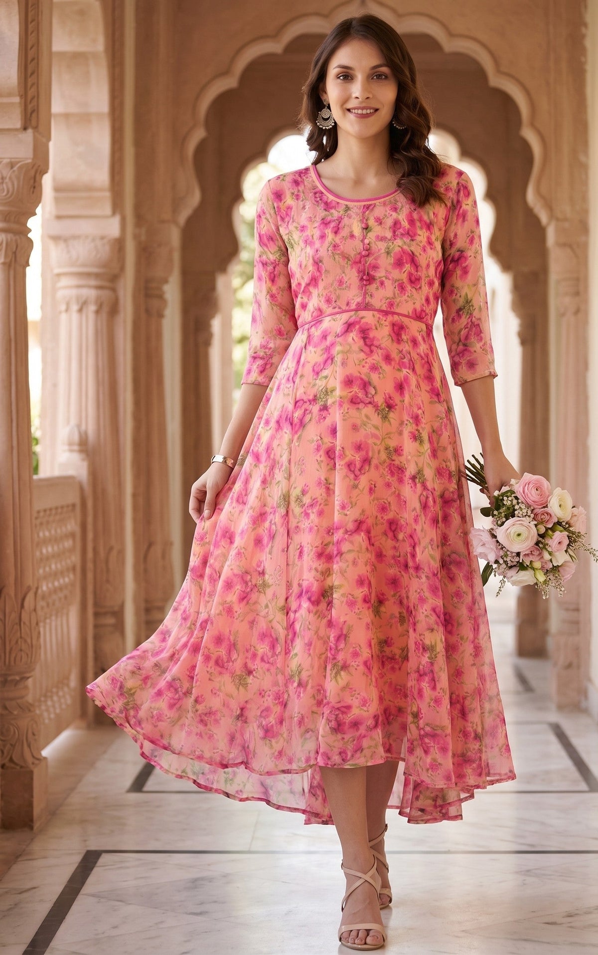 Souchii Pink Floral Printed Flared Maxi Dress for Women