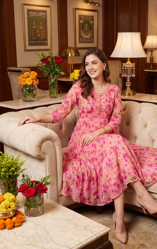 Souchii Pink Floral Printed Flared Maxi Dress for Women