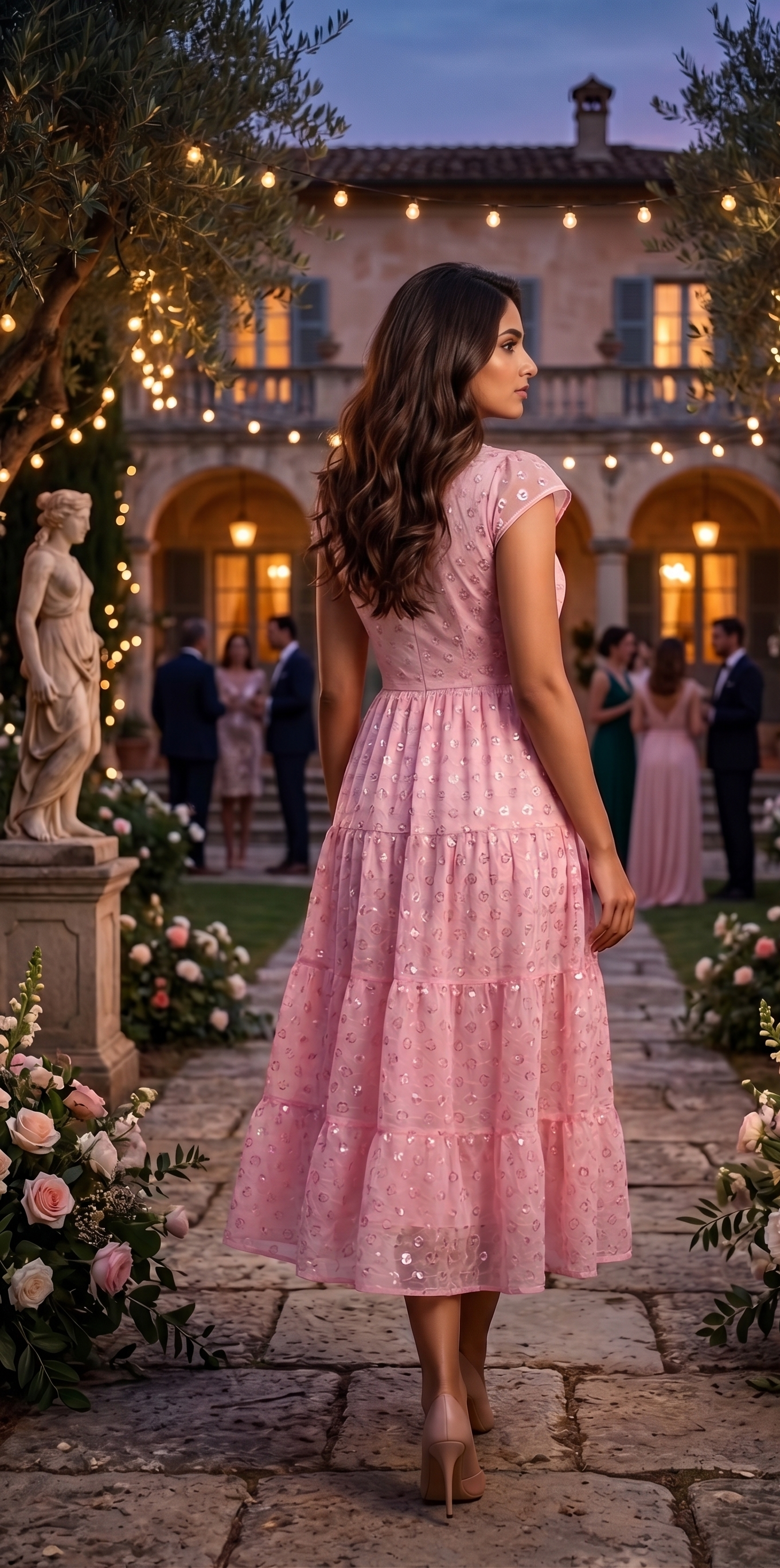 Souchii Pink Sequin Embroidered Fit & Flare Midi Party Dress