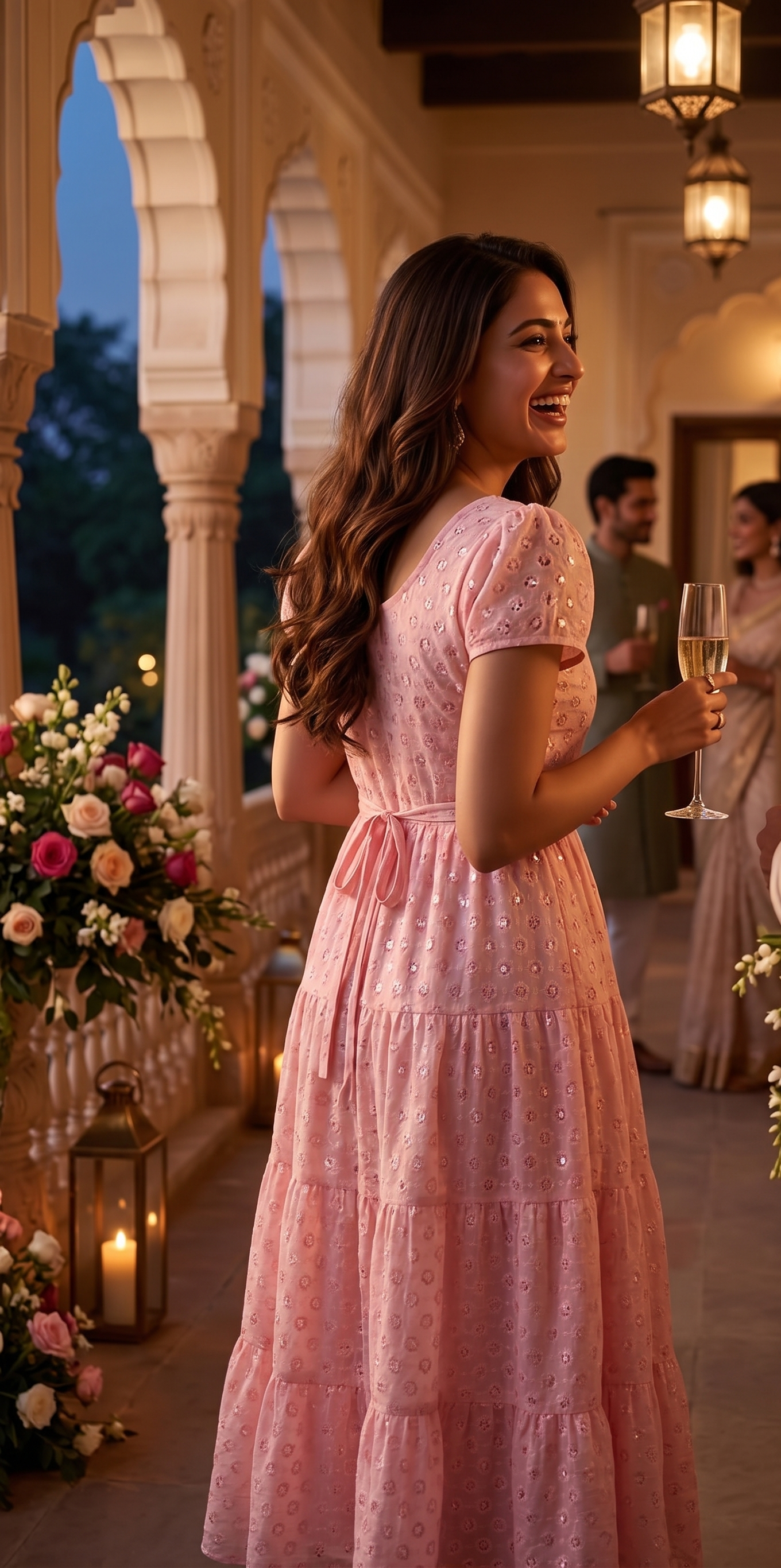 Souchii Pink Sequin Embroidered Fit & Flare Midi Party Dress