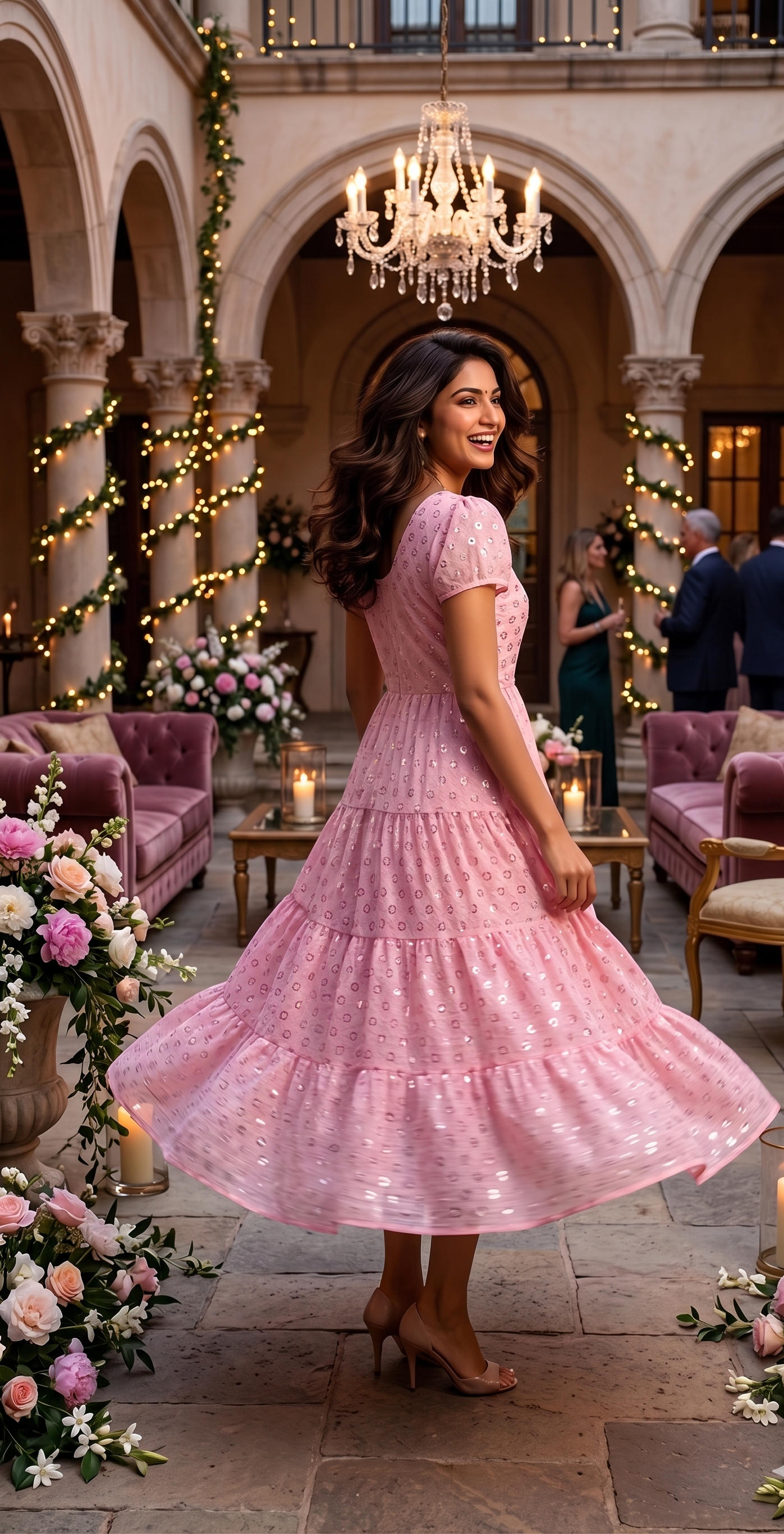 Souchii Pink Sequin Embroidered Fit & Flare Midi Party Dress