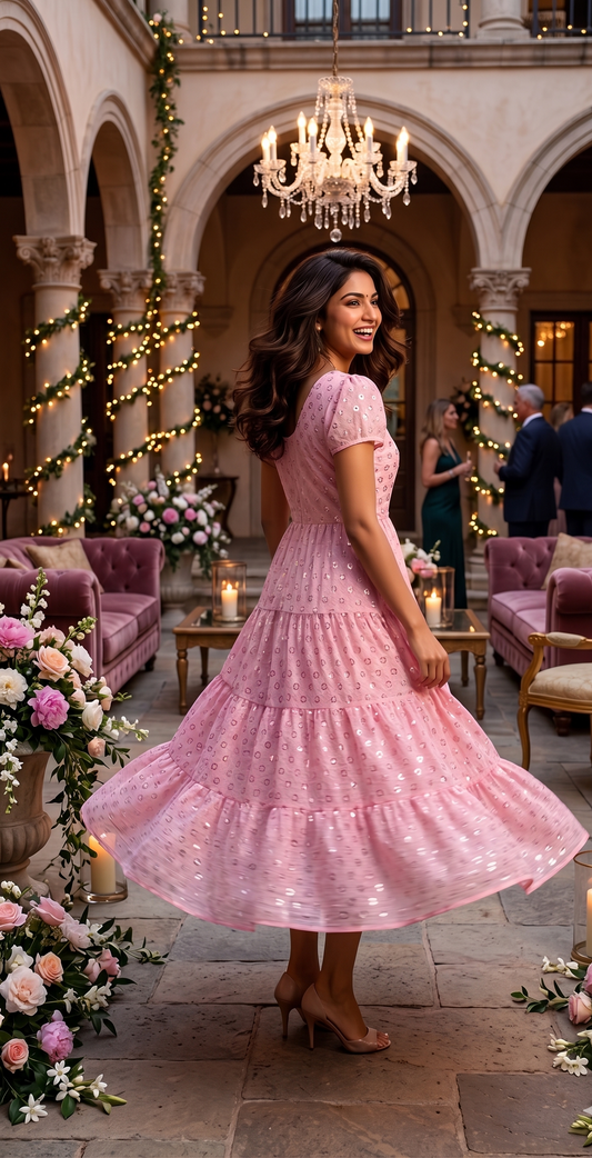 Souchii Pink Sequin Embroidered Fit & Flare Midi Party Dress