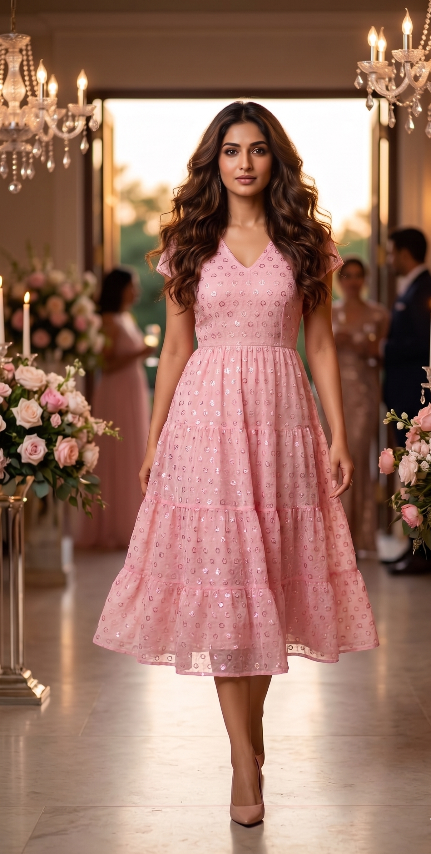 Souchii Pink Sequin Embroidered Fit & Flare Midi Party Dress